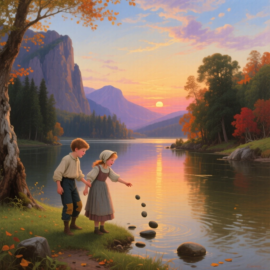 Children skip stones across a calm river at sunset.