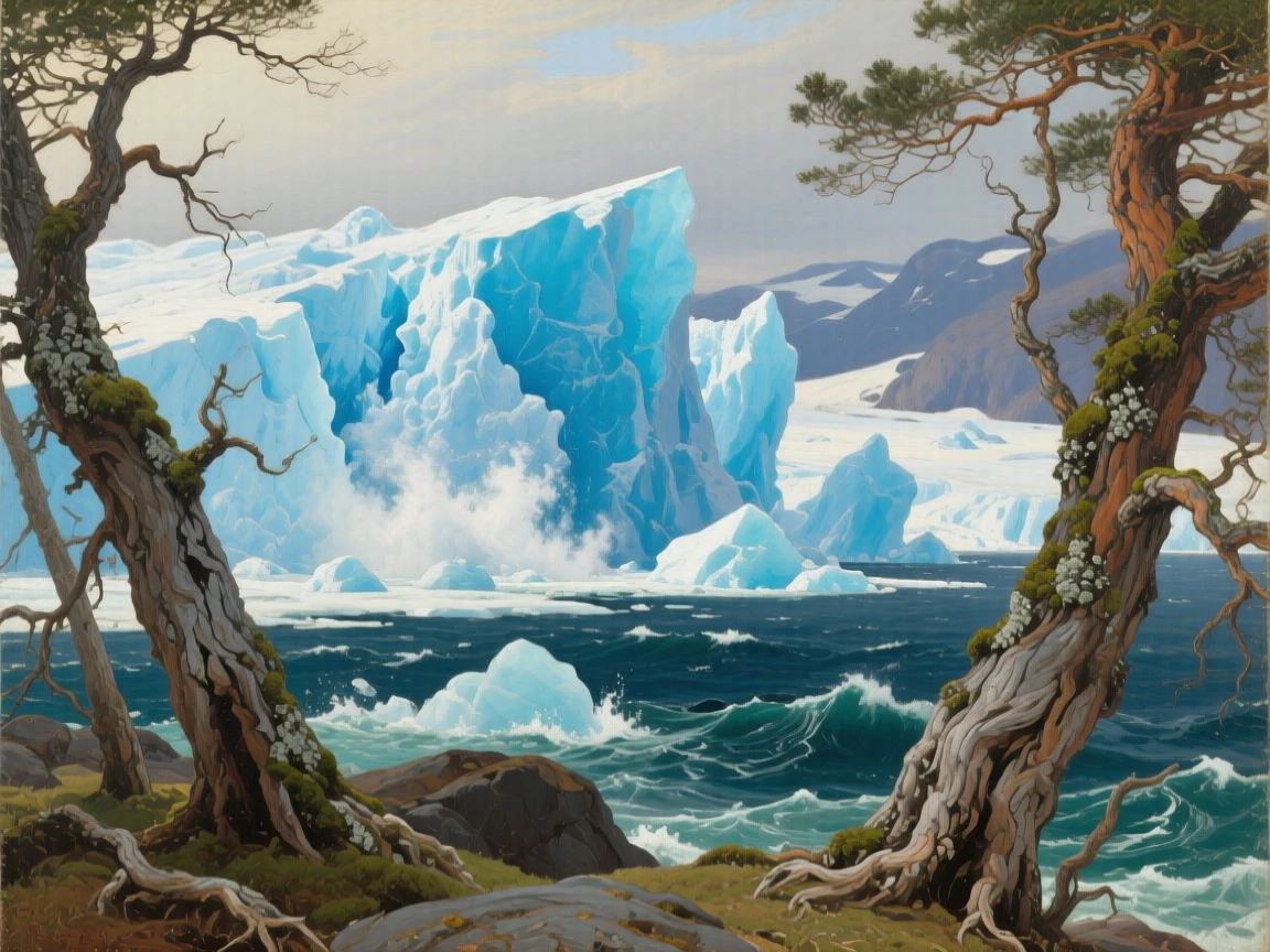 A glacier calving enormous chunks of blue ice into a polar sea, framed by ancient weathered trees on either side, capturing the raw power and quiet majesty of untouched nature