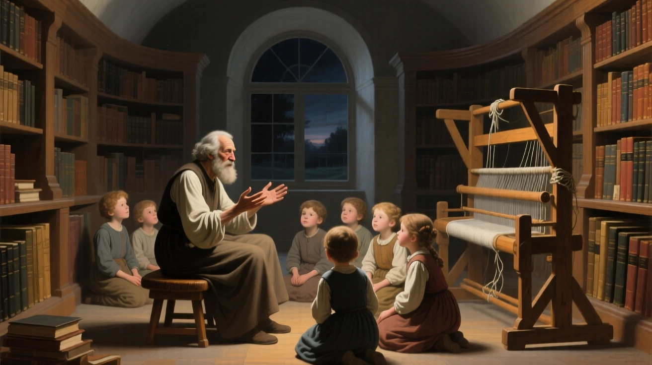 A storyteller enchanting a circle of children beneath a starry sky as if pulled directly from a cherished tale, set within a cozy library filled with worn, beloved books, with an old wooden loom, tangled threads, and a half-finished tapestry; receding archways create a sense of stepping into another world, suggesting the enduring power of myth and memory.