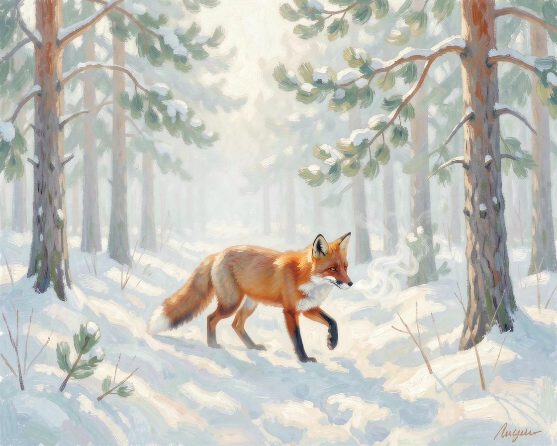 A red fox trotting through a snow-dusted pine forest, breath visible in the cold morning air.