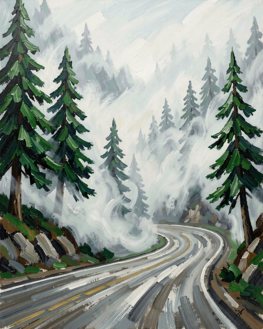 A mountain pass road winding through fog, pine trees emerging from the mist.