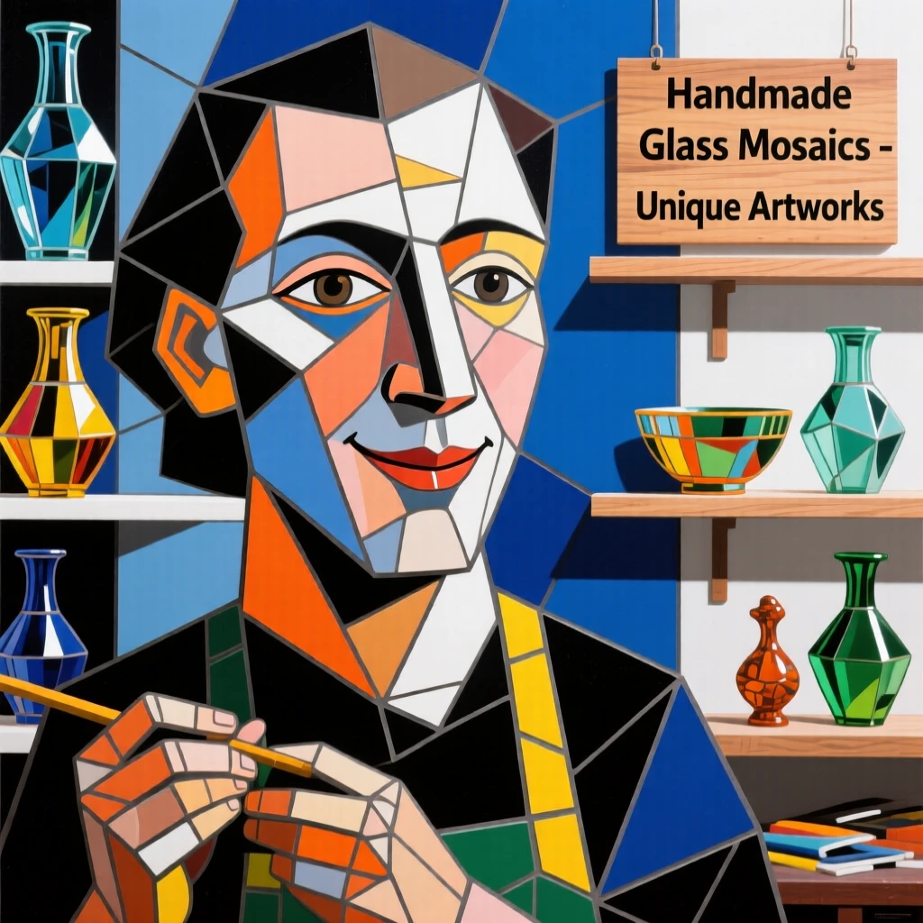 A close-up portrait of a glass mosaic artist smiling gently beside shelves lined with handmade wares.