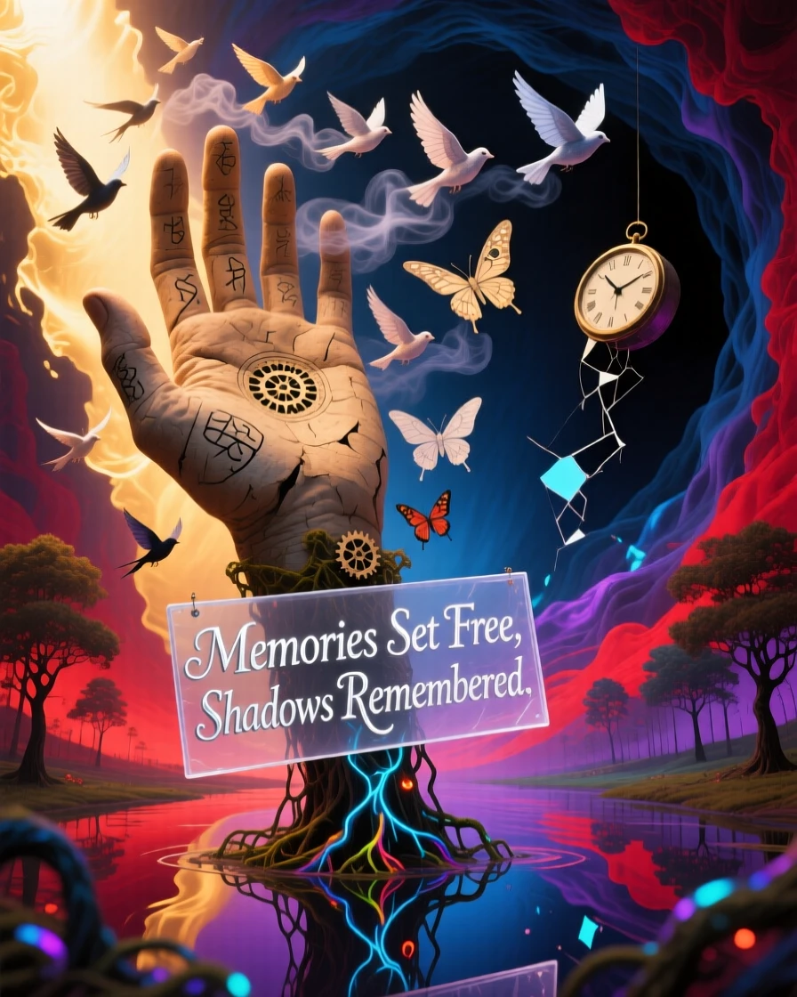 A hand releasing a flock of birds shaped like fading thoughts exists suspended between light and shadow, as small details reveal themselves only on close look.