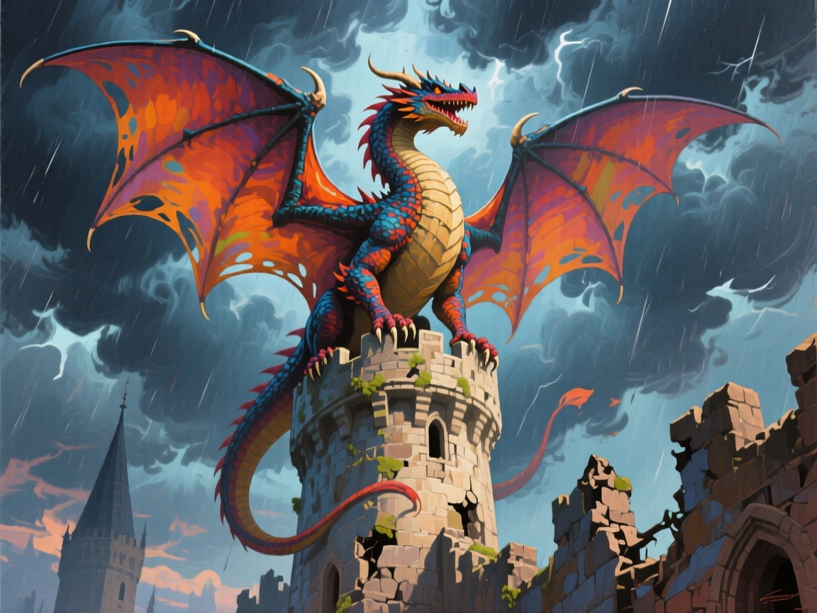 A colossal dragon perched atop a crumbling castle spire, wings spread wide against a stormy sky