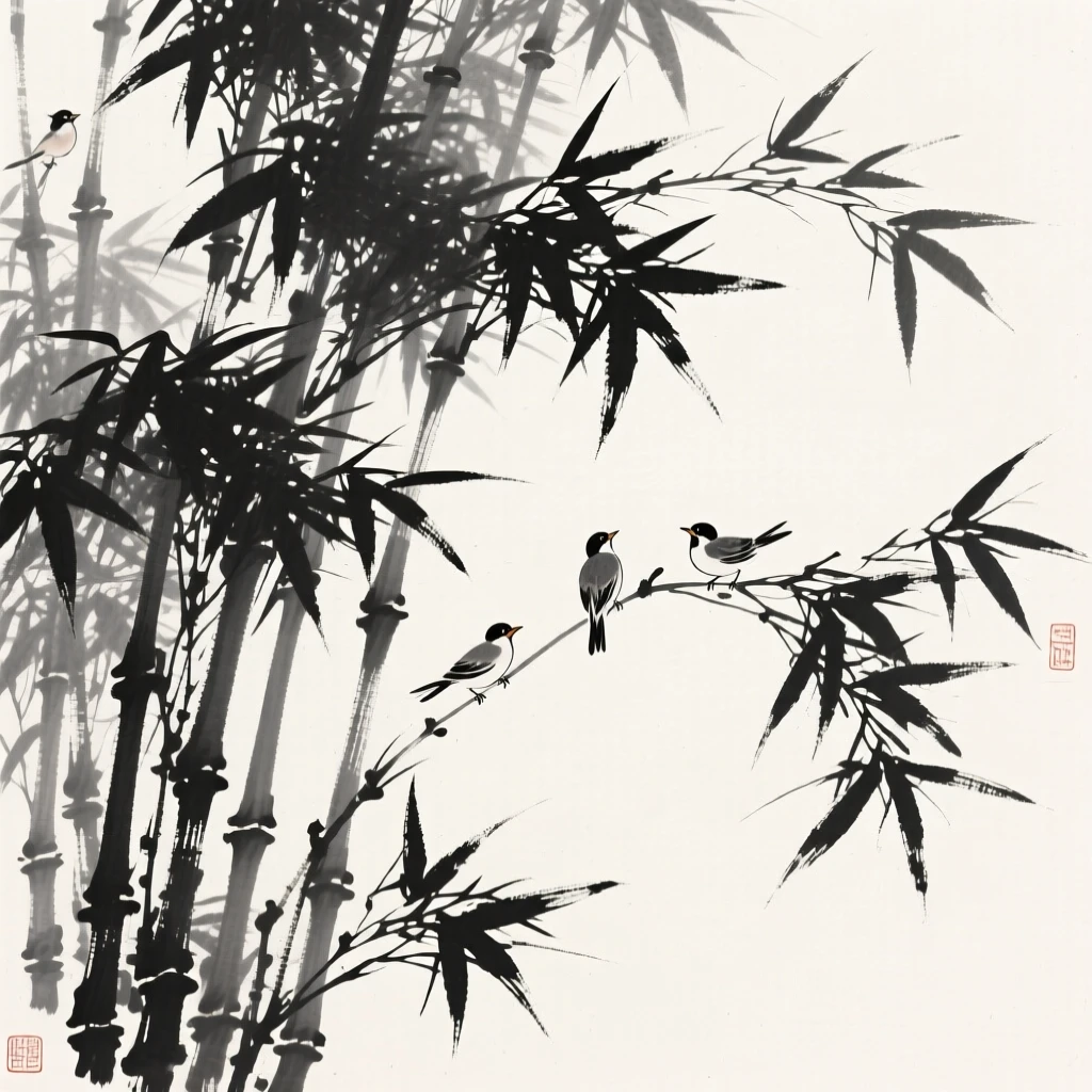 a dense bamboo grove swaying in the wind, with birds perched on the swaying branches.