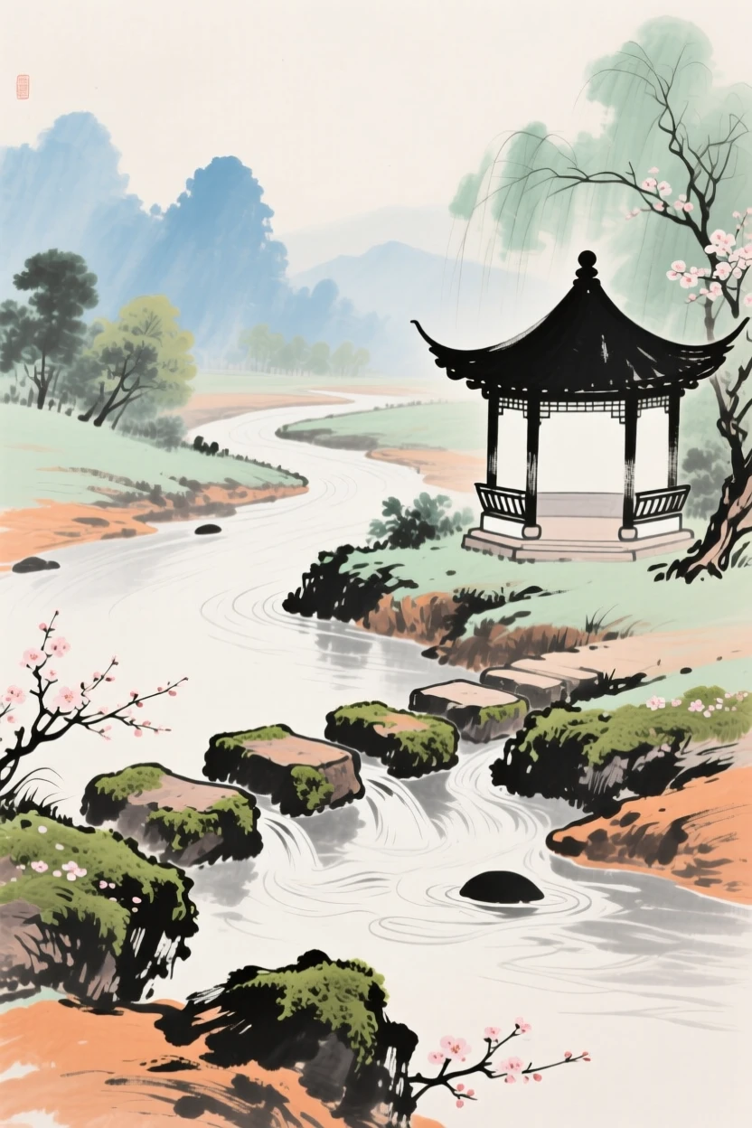 A meandering stream crossed by mossy stepping stones, with a small pavilion perched at the water's edge, in a warm breeze carrying the scent of blossoms.