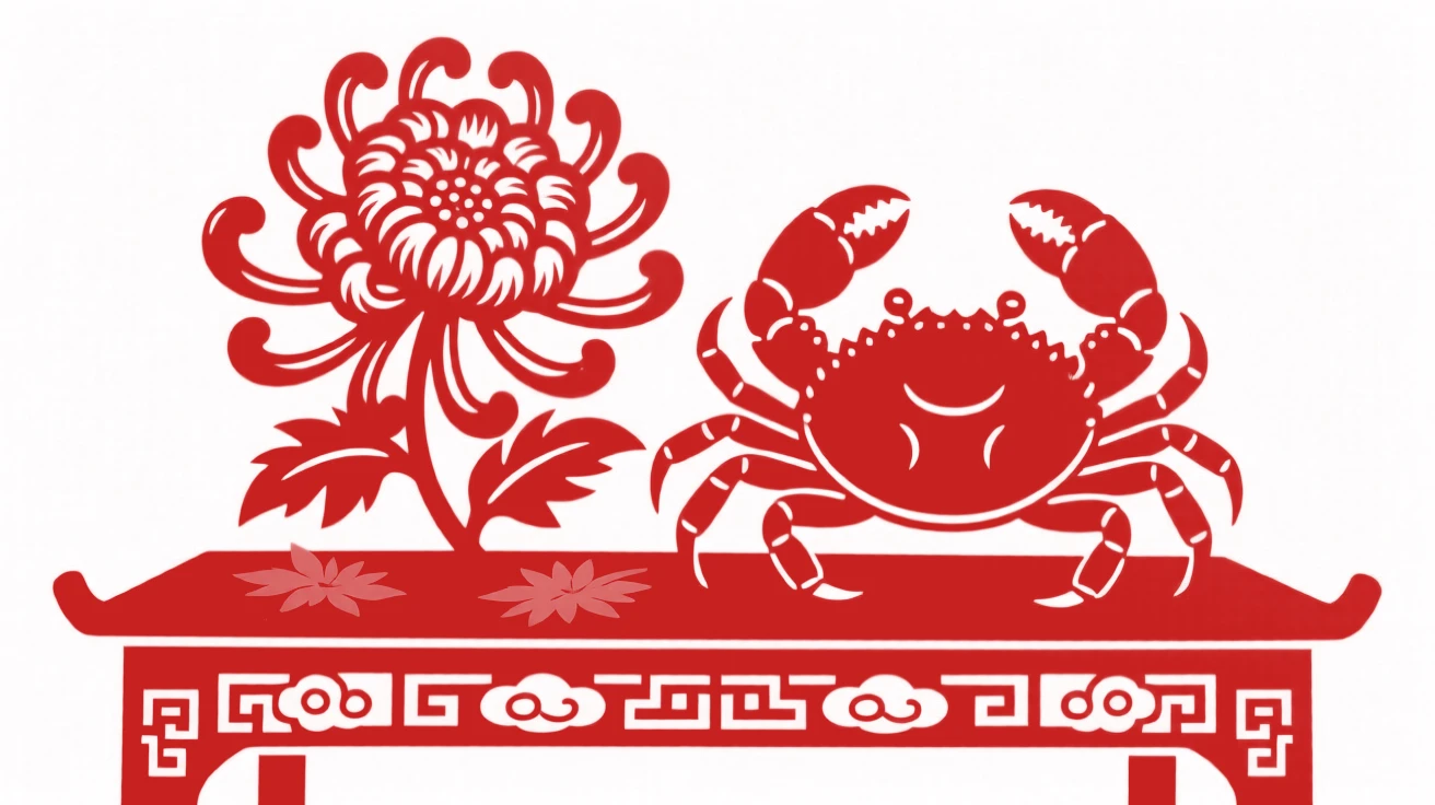 A chrysanthemum and crab arranged together on an autumn table, a classic pairing symbolizing the harvest season