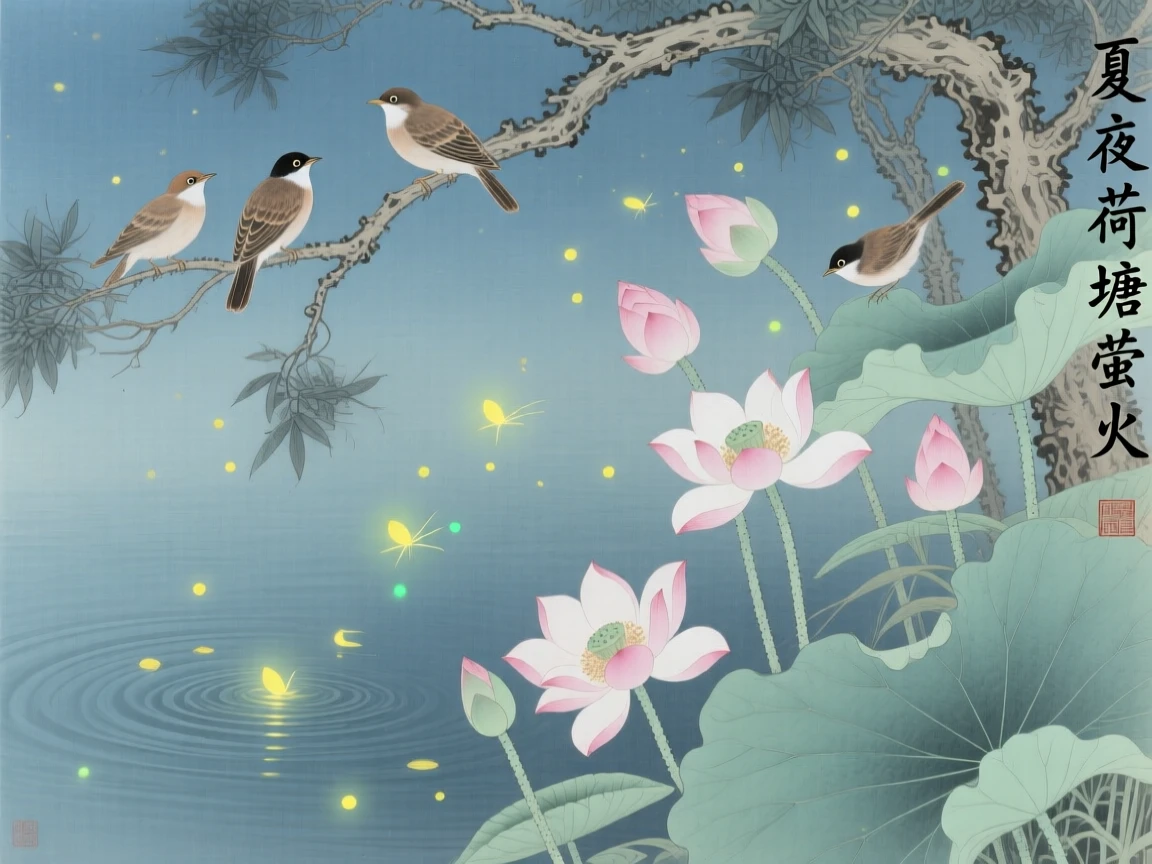 Fireflies rising above a lotus pond on a warm summer evening, as small birds gather among the branches