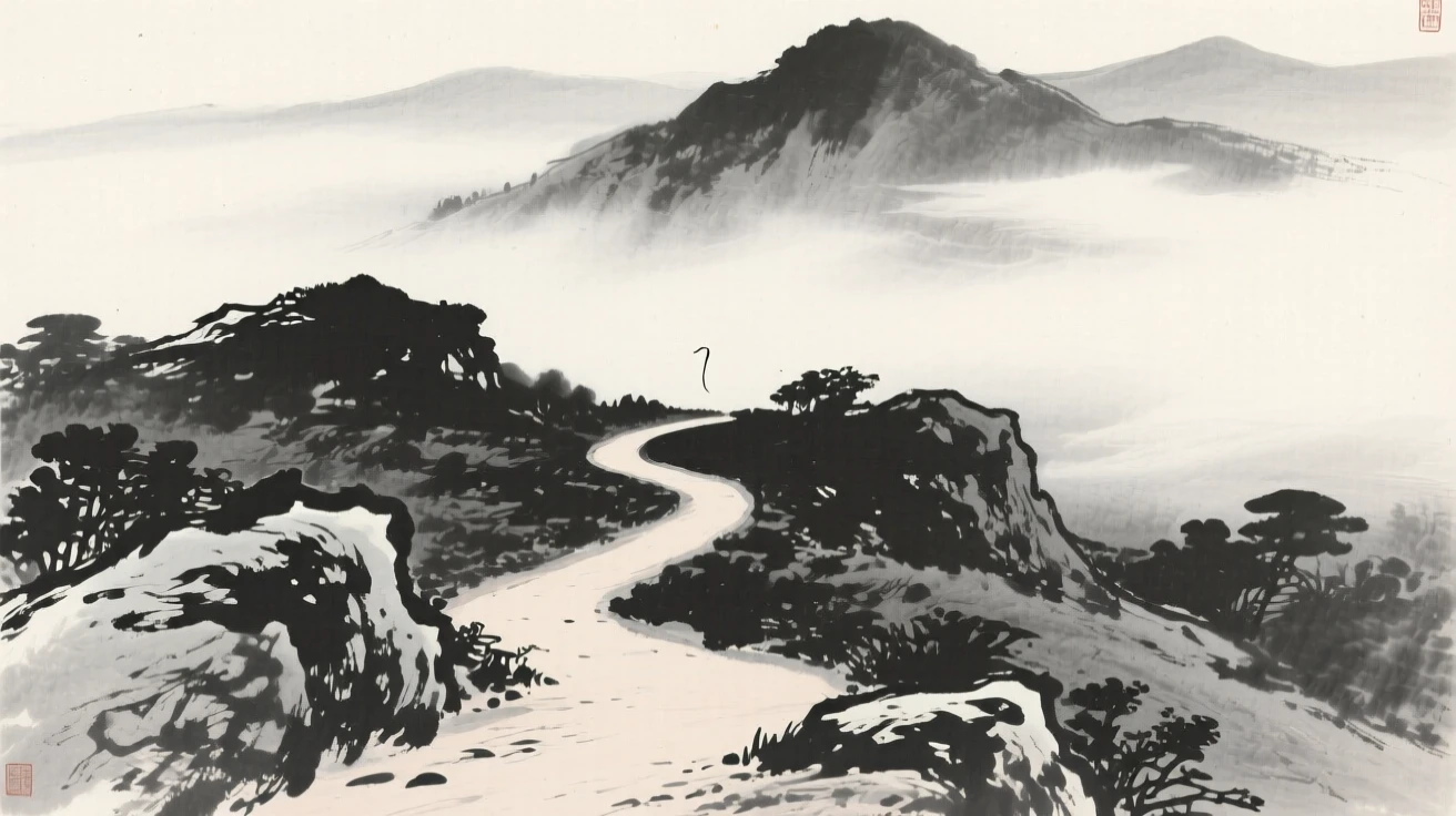 An empty mountain trail winding into the clouds in a moment of complete stillness, framed with soft, diffused light throughout, suggesting quiet longing and gentle stillness.
