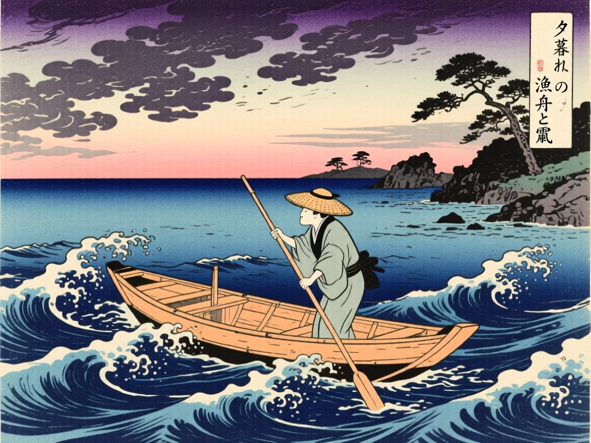 A small wooden fishing boat as a storm gathers on the horizon, in the last light of evening.