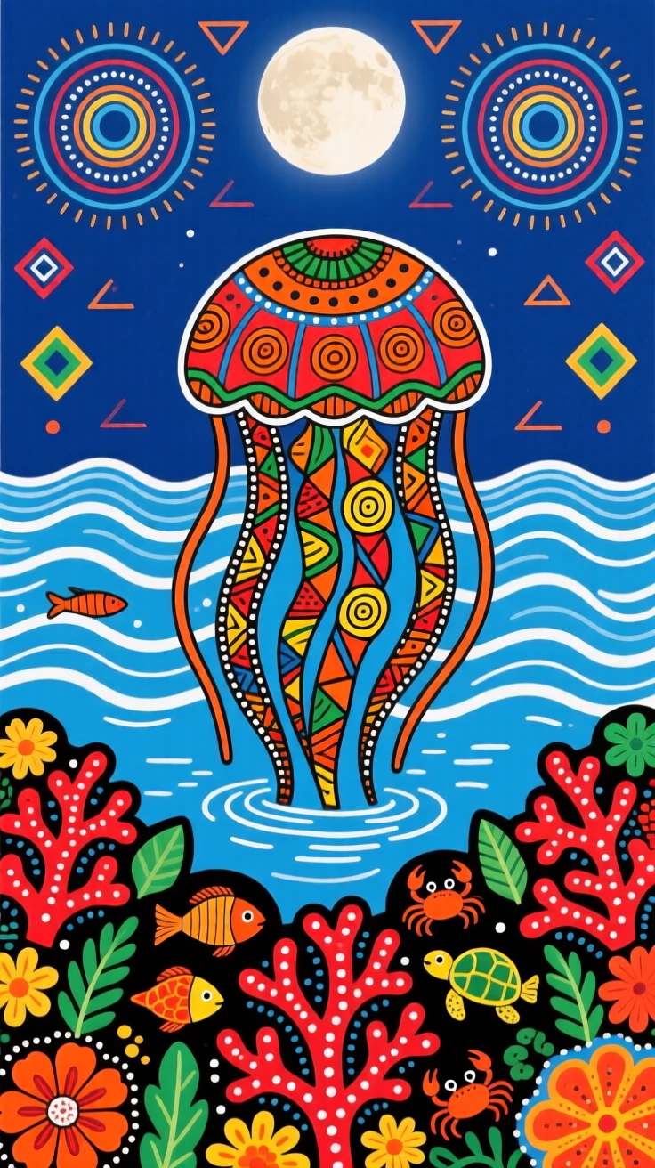 A jellyfish drifting slowly through calm moonlit water above a bed of coral.