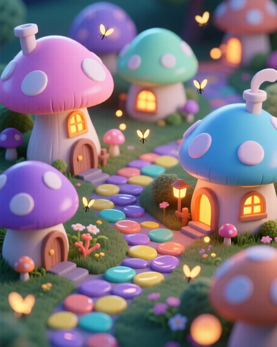A candy-colored fantasy village where the houses are shaped like giant mushrooms, with glowing windows, winding paths of colored stones, and fireflies drifting at dusk.