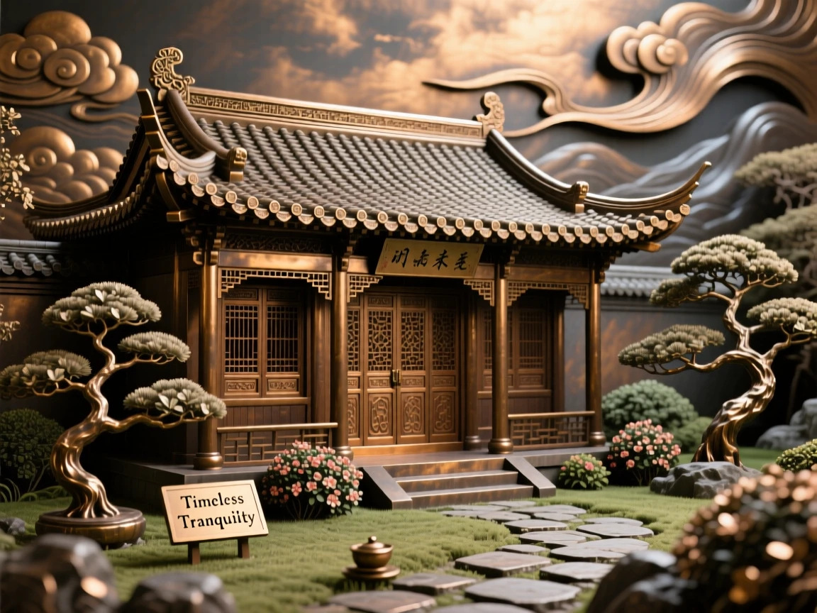 A traditional teahouse nestled beside a tranquil garden, framed by a dramatic sky, exuding timeless grandeur