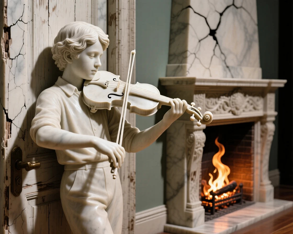 A tender portrait of a violin prodigy performing on stage, leaning against a weathered doorway, beside a crackling fireplace, evoking warmth and humanity