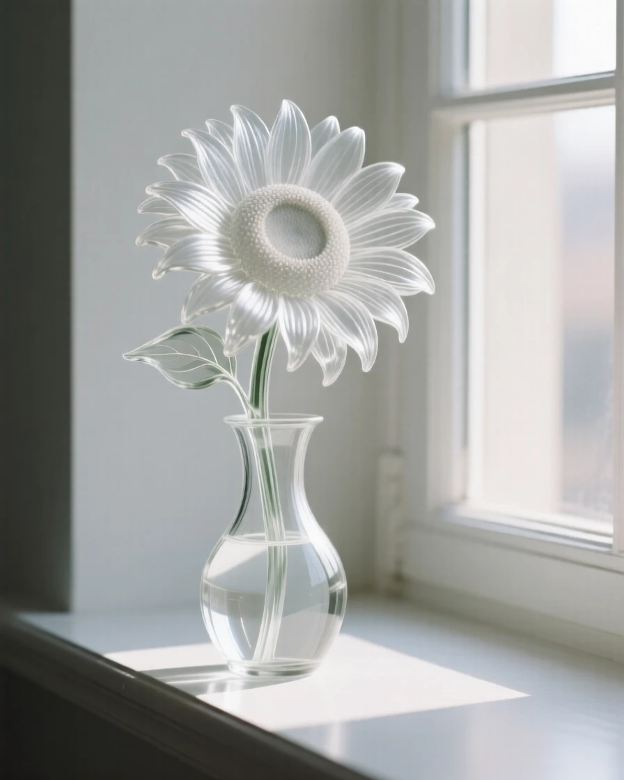 A sunflower turned toward the light arranged in an elegant vase on a windowsill, soft diffused light streaming in, creating a tranquil still-life mood.