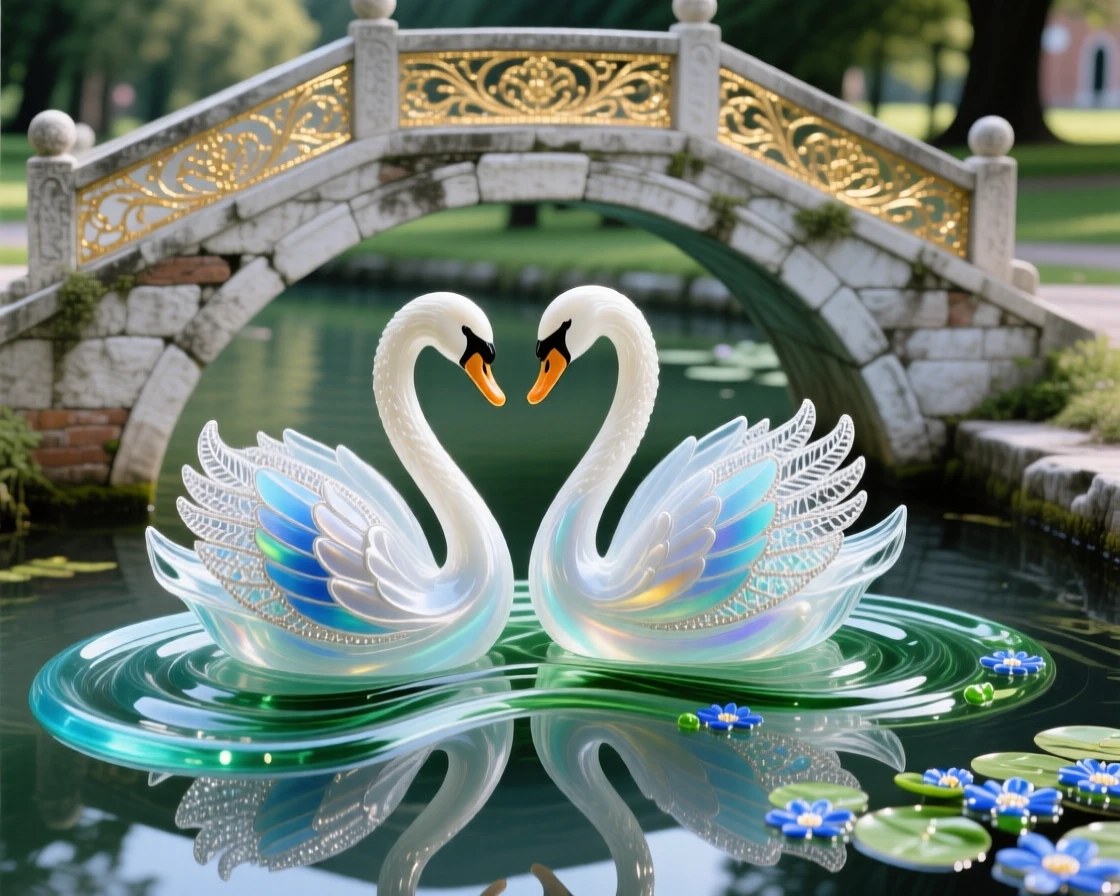 A pair of swans gliding beneath a stone bridge in a quiet park, peaceful and timeless.