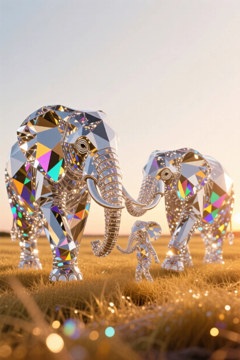 A family of elephants walking in a line across golden grassland at sunset, trunks touching in affection.
