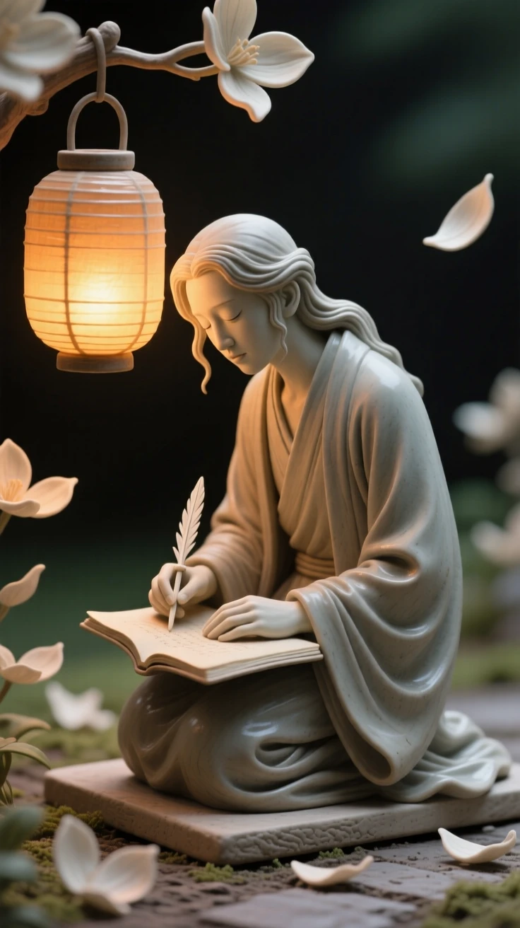 A poet writing beneath a lantern's glow kneeling with quiet, contemplative stillness, surrounded by softly falling petals, filling the scene with joy and gentle wonder.