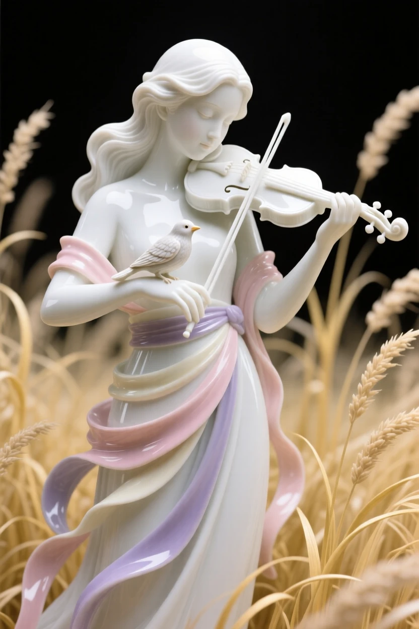 A violinist cradling a small bird in cupped hands, wearing layered silk ribbons, one hand resting gently over her heart, set against a field of tall golden grass.