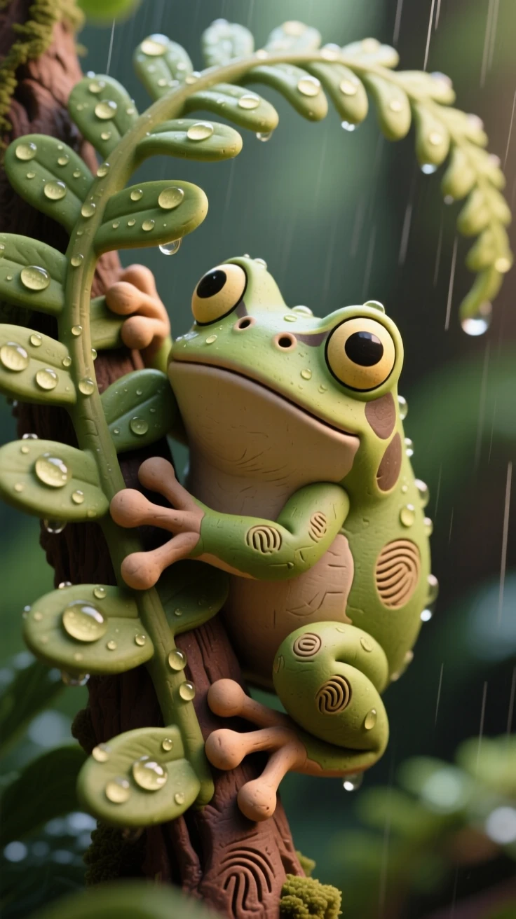 A tree frog clinging to a dew-covered fern in a rainforest