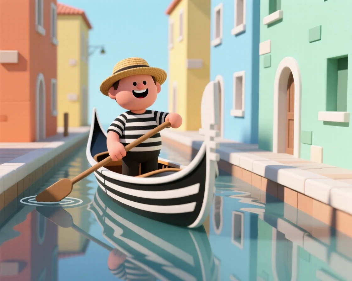 A cheerful gondolier rows a striped boat down a narrow canal, colorful buildings reflecting on the rippling water.