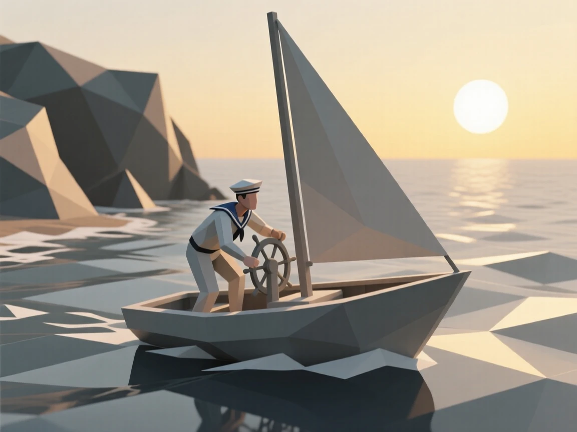 A sailor navigating a boat through open water, at golden hour by the coastline. dynamic motion is captured with a clear sense of energy. It captures a feeling of personal accomplishment.