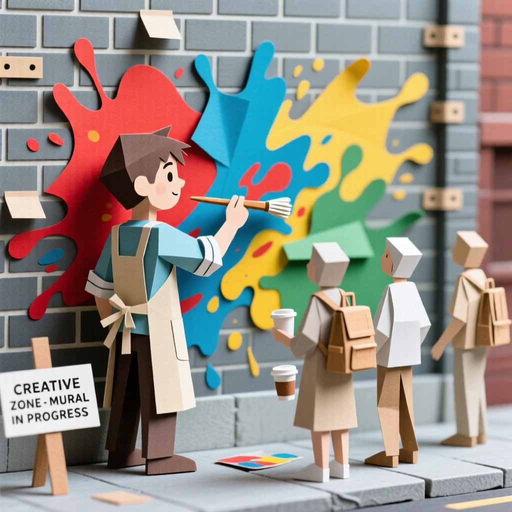 A young artist painting a vibrant mural on a city wall, splashes of color contrasting with gray brick, passersby pausing to watch, capturing creative expression.