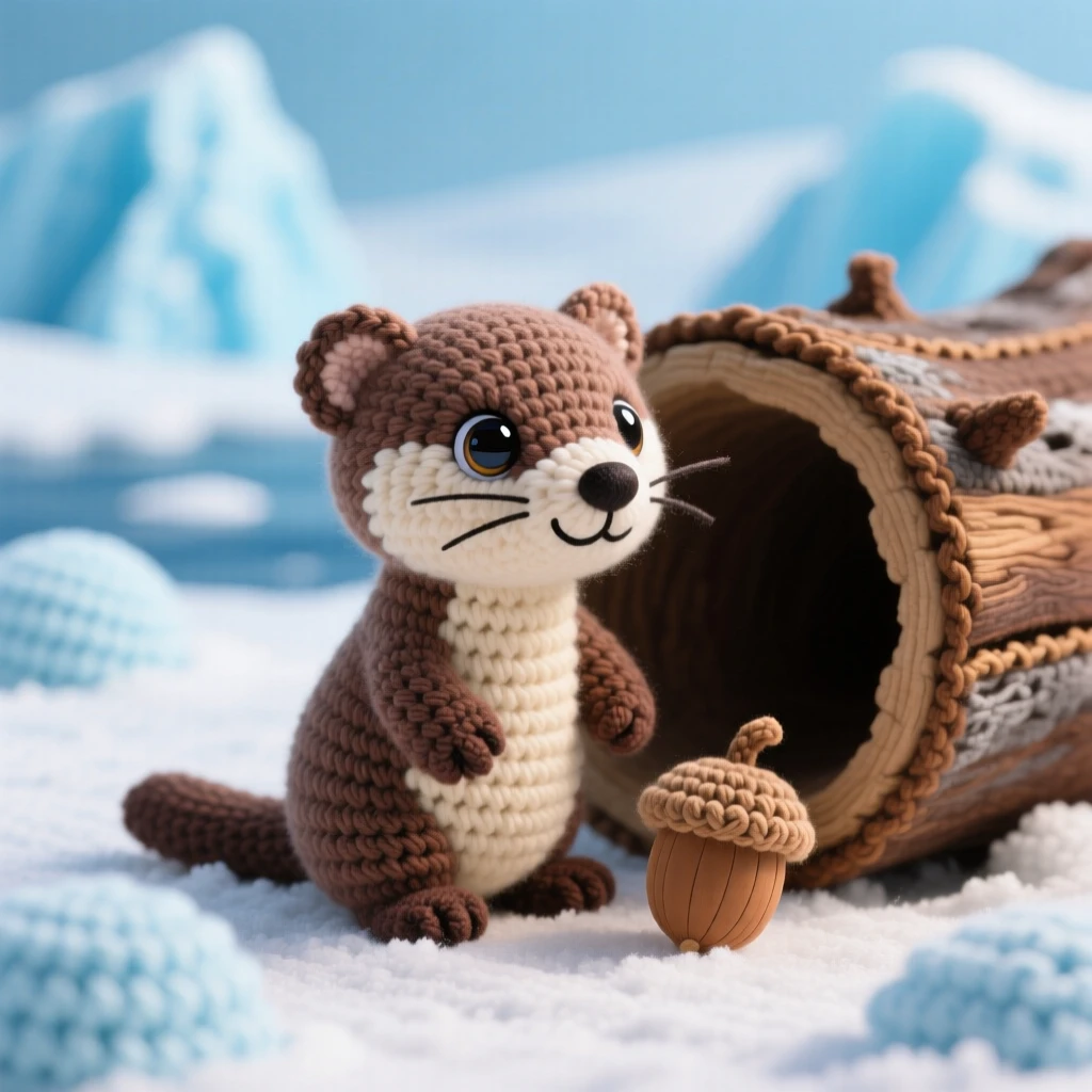 a small baby weasel, with a slender body and bright eyes, peeking out from a hollow log, set in an icy arctic landscape with distant blue glaciers, with a fallen acorn resting beside its paw, evoking playful mischief bubbling just beneath the surface.