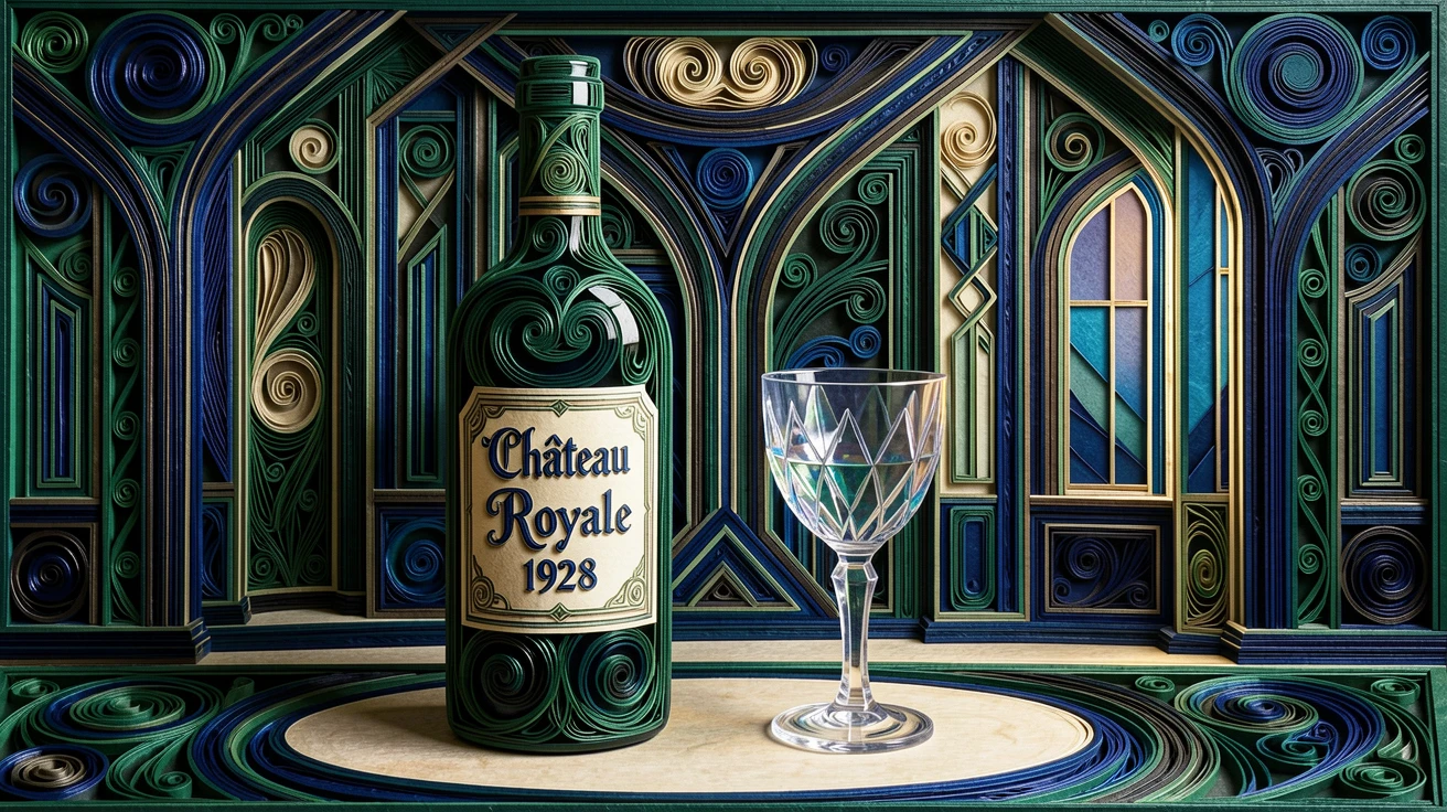 a bottle of vintage wine beside a crystal glass, in an elegant art deco lobby, composed with dramatic, moody lighting, in deep jewel tones of emerald and sapphire.