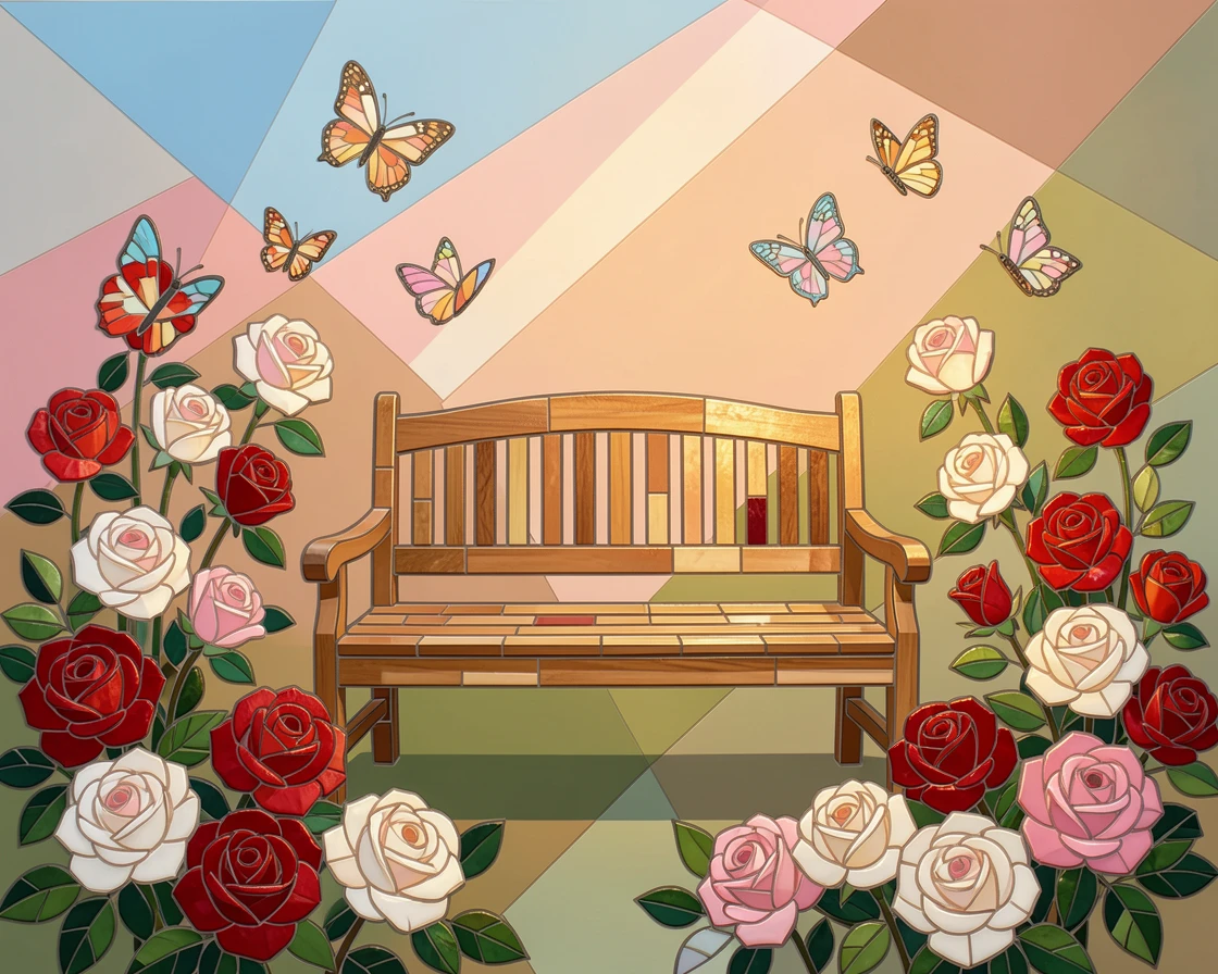 A peaceful garden bench surrounded by blooming roses and butterflies, with soft warm lighting and an inviting, peaceful atmosphere.