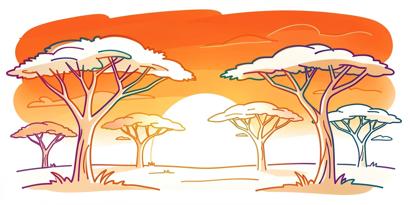 A savanna sunset with acacia trees silhouetted against a fiery orange sky.