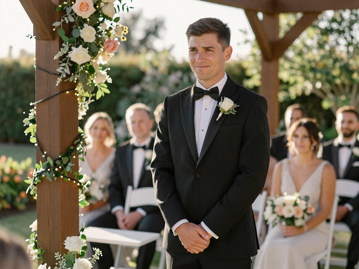 A groom nervously waiting at the altar