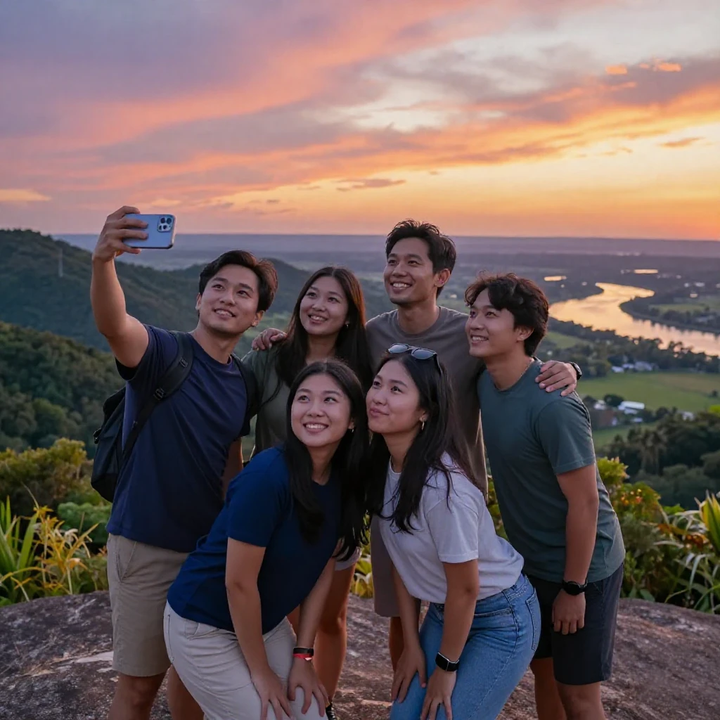 A group of friends pose together for a selfie on a scenic overlook at sunset.