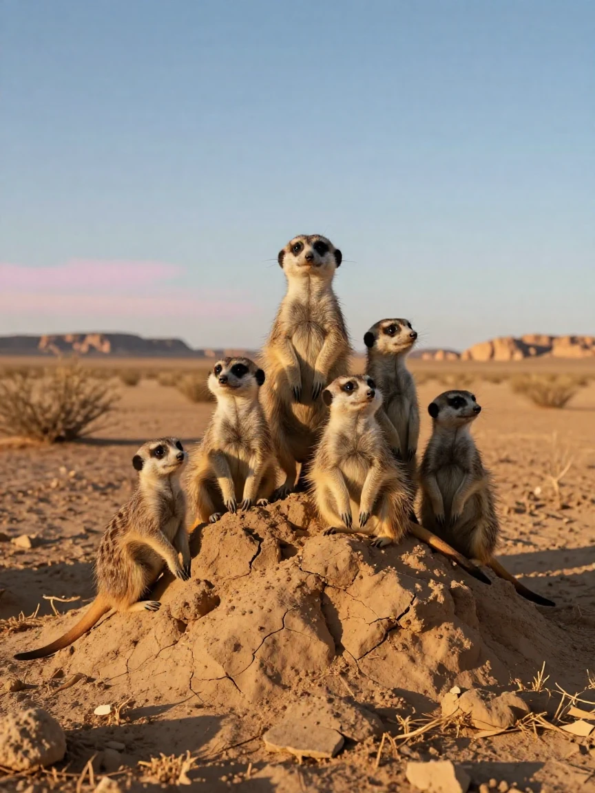 A curious meerkat family standing alert atop a termite mound in the desert