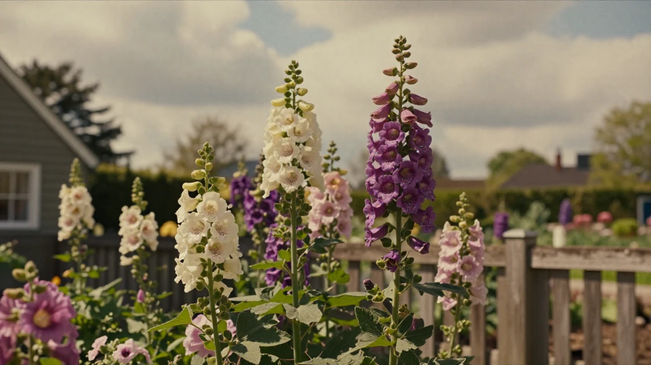 A cottage garden overflowing with hollyhocks and foxgloves, in soft window light, under scattered clouds, as spring blossoms unfurl, in warm honey and cream tones, from a slightly elevated vantage point.