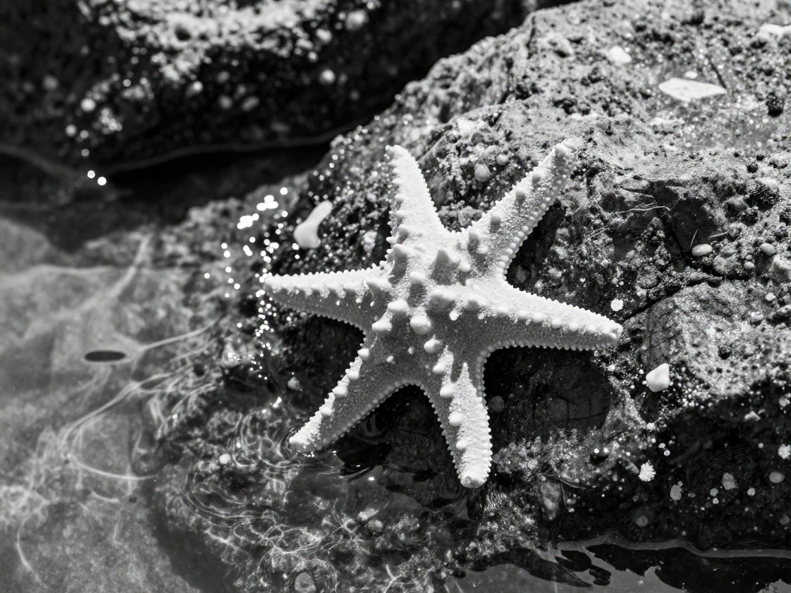 A starfish clings to a sunlit tide pool rock within a shallow tide pool.