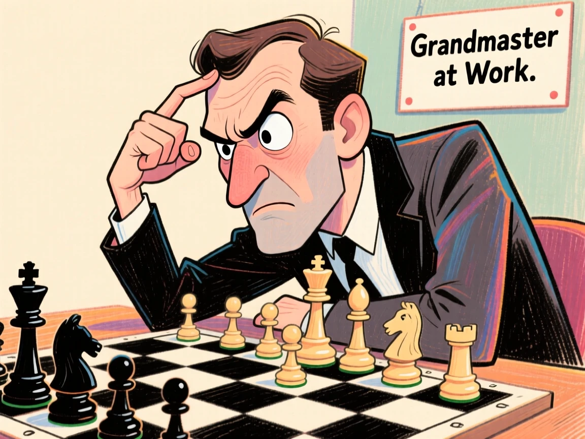 A determined chess player leaning over the board, one finger raised in deep thought.