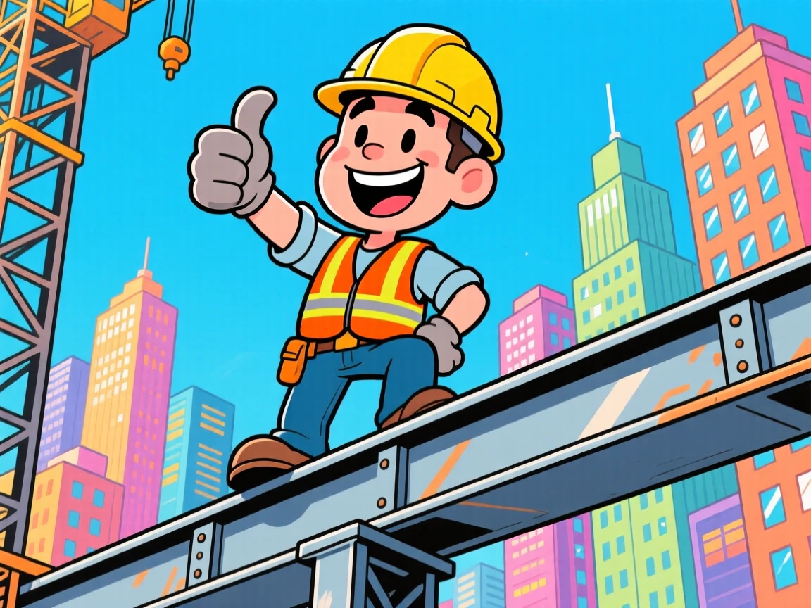 A vibrant profession-themed portrait of a construction worker in a hard hat giving a thumbs up atop a steel beam, city skyline behind him.