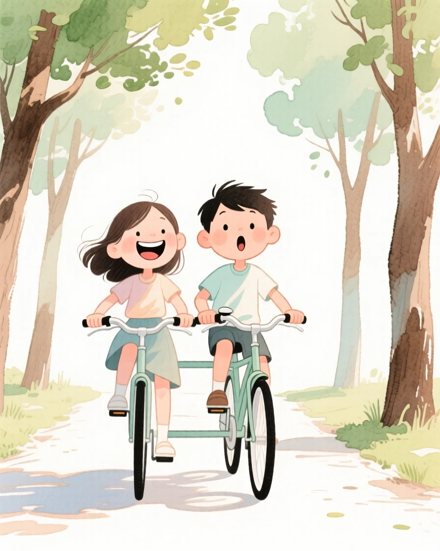 A young couple riding a tandem bicycle down a tree-lined lane