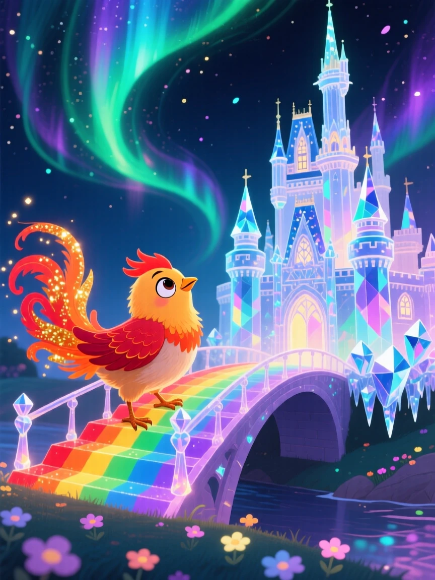 A phoenix chick pauses from crossing a bridge made of rainbow light to marvel at a castle made of crystal, as the northern lights ripple overhead.