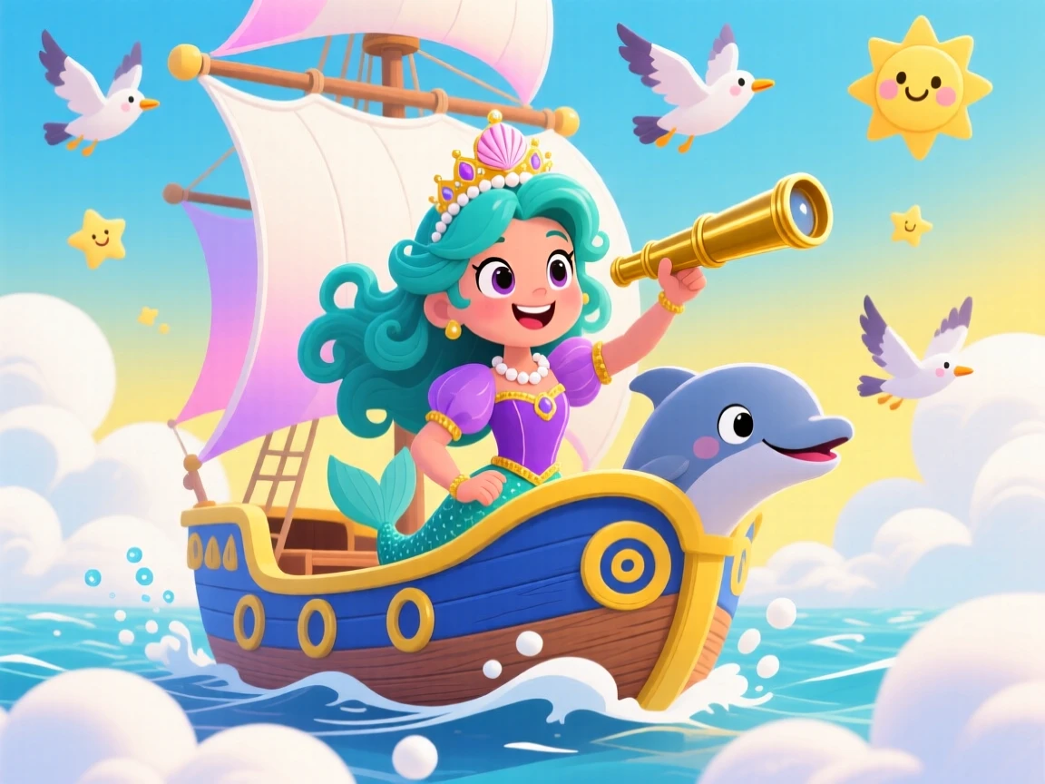 A mermaid princess sailing a ship through a sea of clouds.