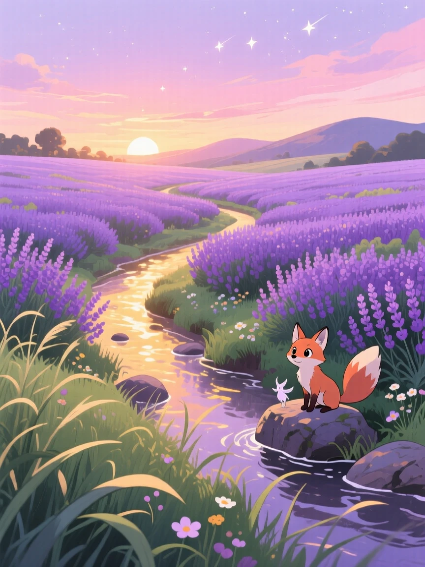 A breathtaking view of a lavender field in full bloom, with a narrow stream catching the light as it winds through, at dusk, seen through a gentle foreground of grass.