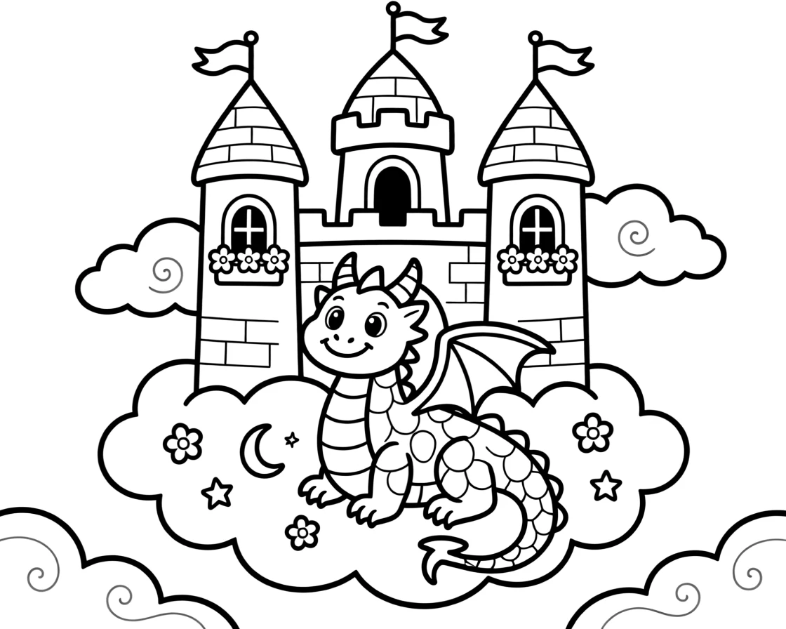 A castle in the clouds guarded by a smiling stone dragon