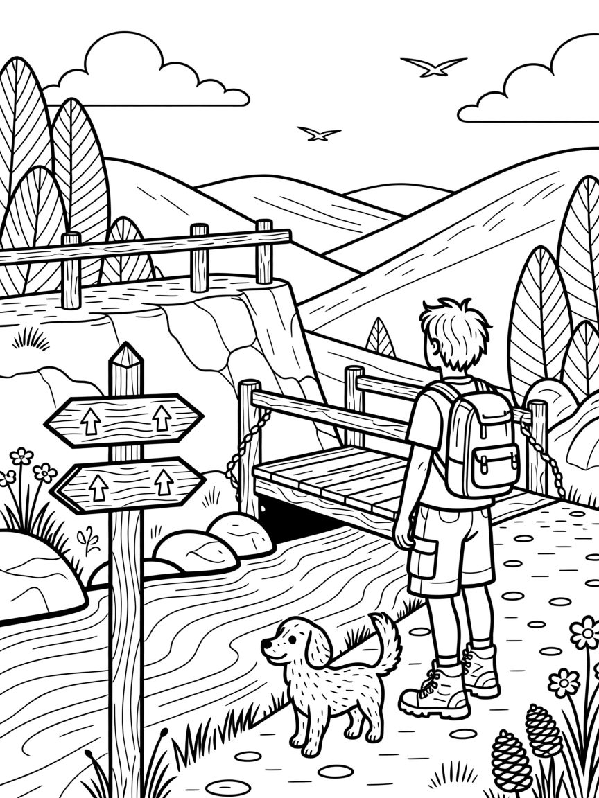 A hiking trail marker beside a scenic overlook, with a small wooden bridge crossing a stream nearby.