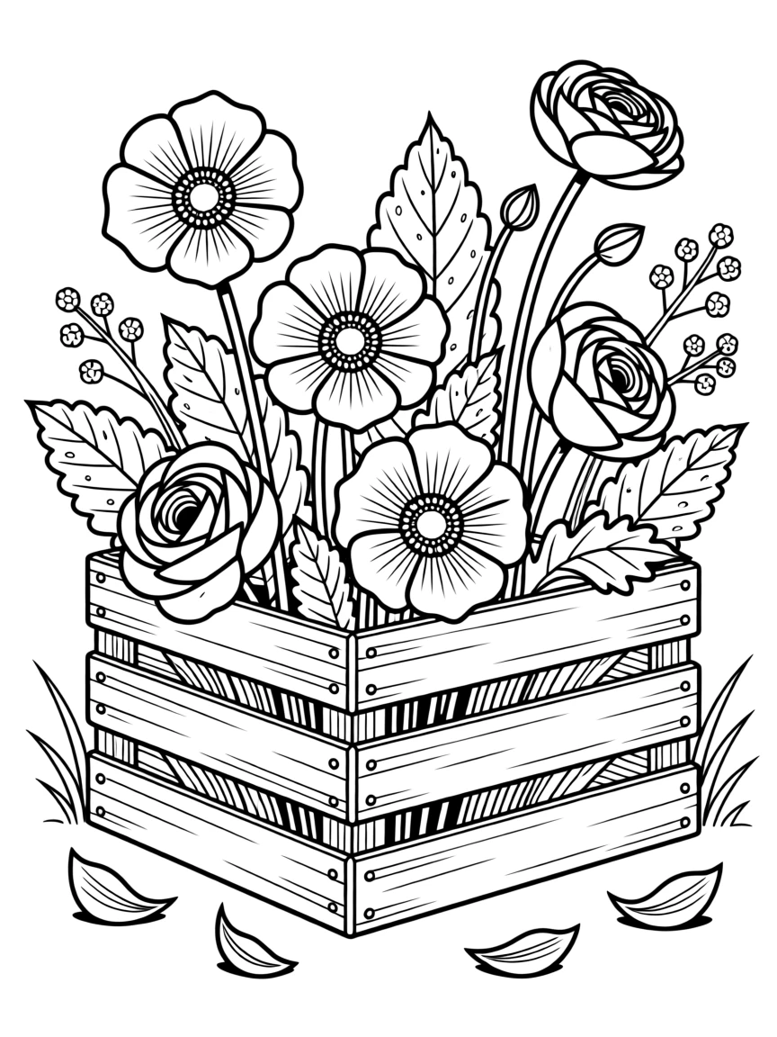 A cluster of anemones and ranunculus in a rustic wooden crate.