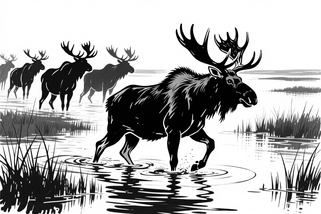 A herd of moose wading through a marshy wetland at dawn.