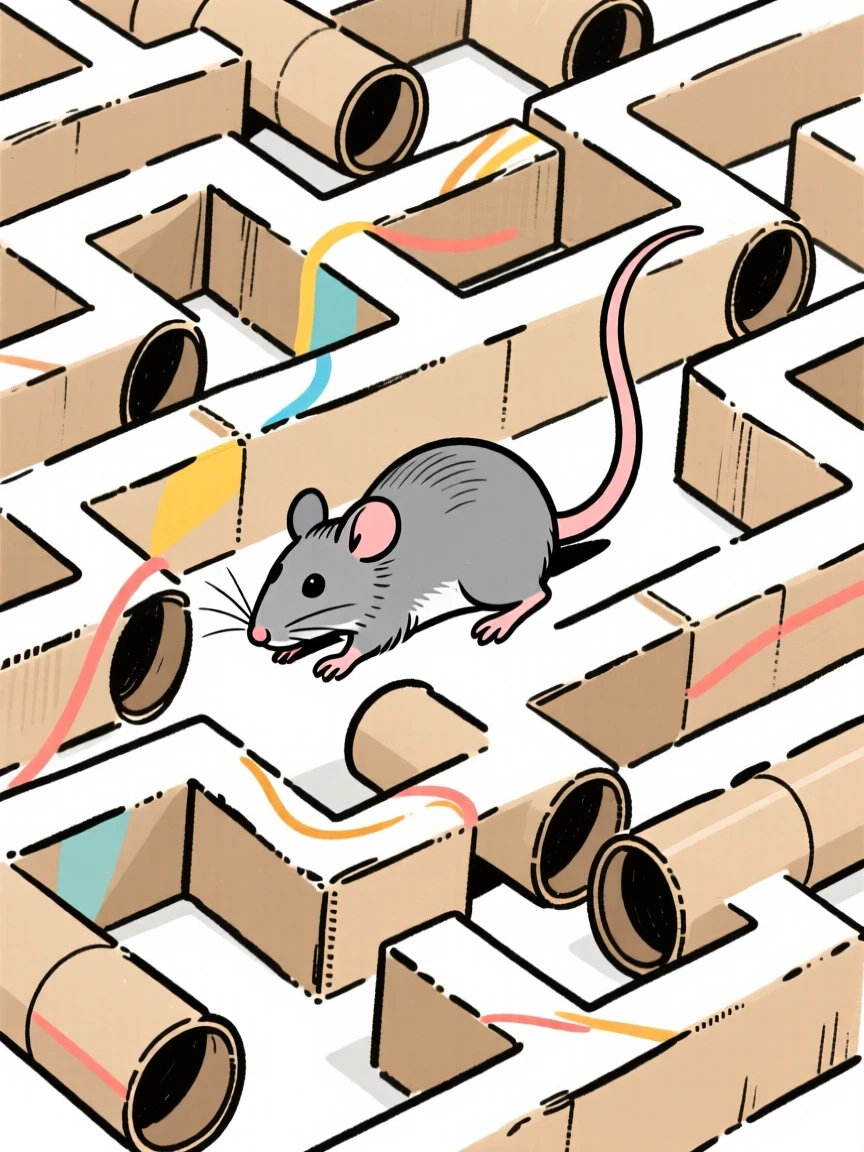 A pet rat exploring a maze of cardboard tubes.