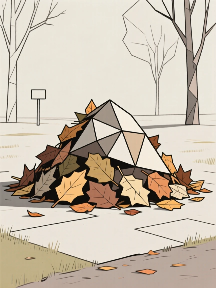 An autumn scene with a pile of raked leaves