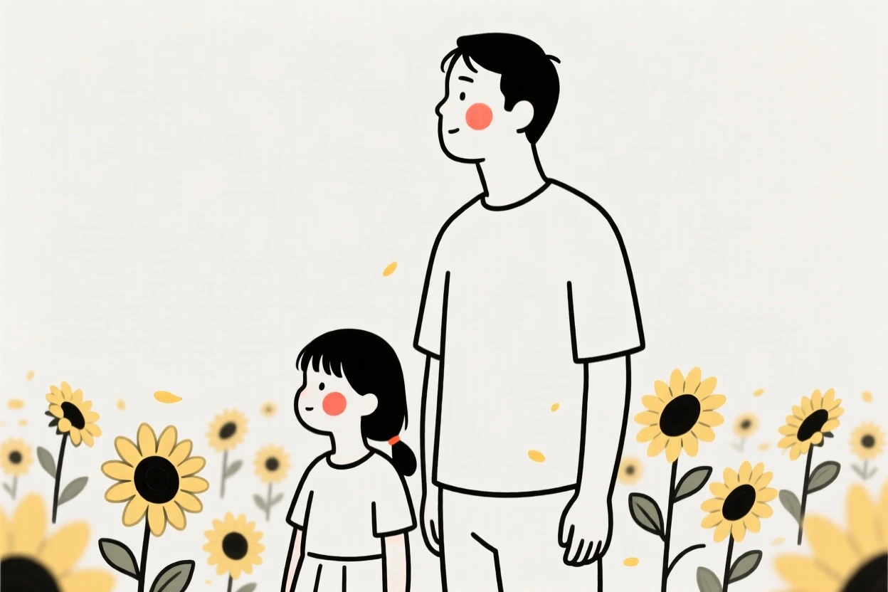 A father and daughter, gazing thoughtfully into the distance, in a sunflower field.
