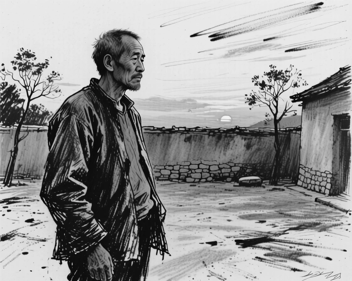 A father gazing thoughtfully into the distance at sunset, in a peaceful courtyard.